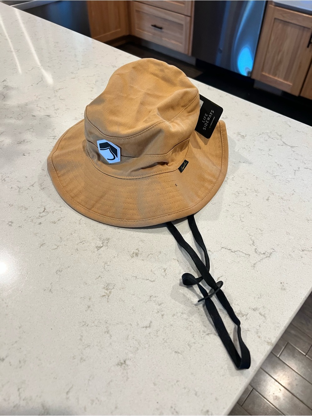 Liquid Blue Tan Bucket Hat with Adjustable Black Chin Strap